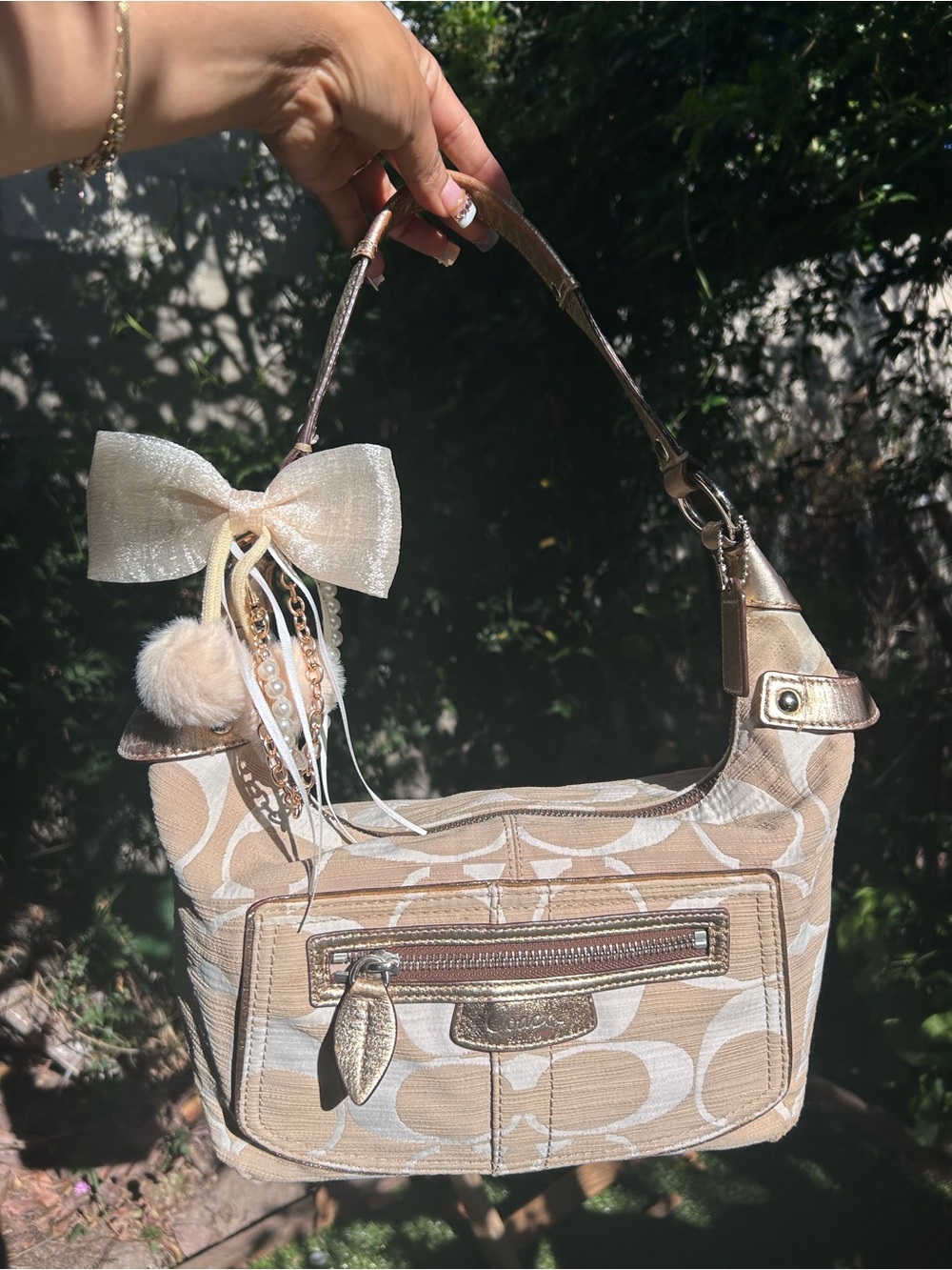 Coach Neutral Beige Patterned Shoulder Bag with Bow Charm